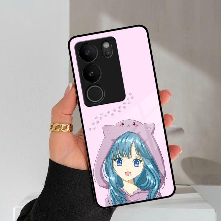 Purple Aesthetic Girl With Cat Phone Glass Case Cover For Vivo - ShopOnCliQ