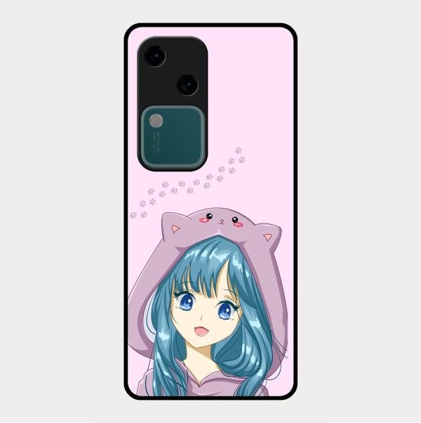 Purple Aesthetic Girl With Cat Phone Glass Case Cover For Vivo V30 5G