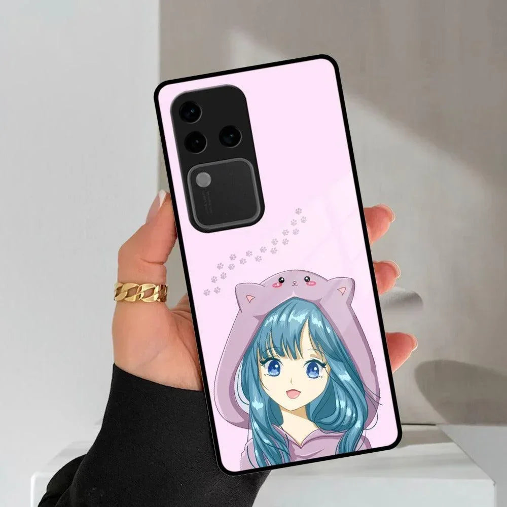 Purple Aesthetic Girl With Cat Phone Glass Case Cover For Vivo - ShopOnCliQ
