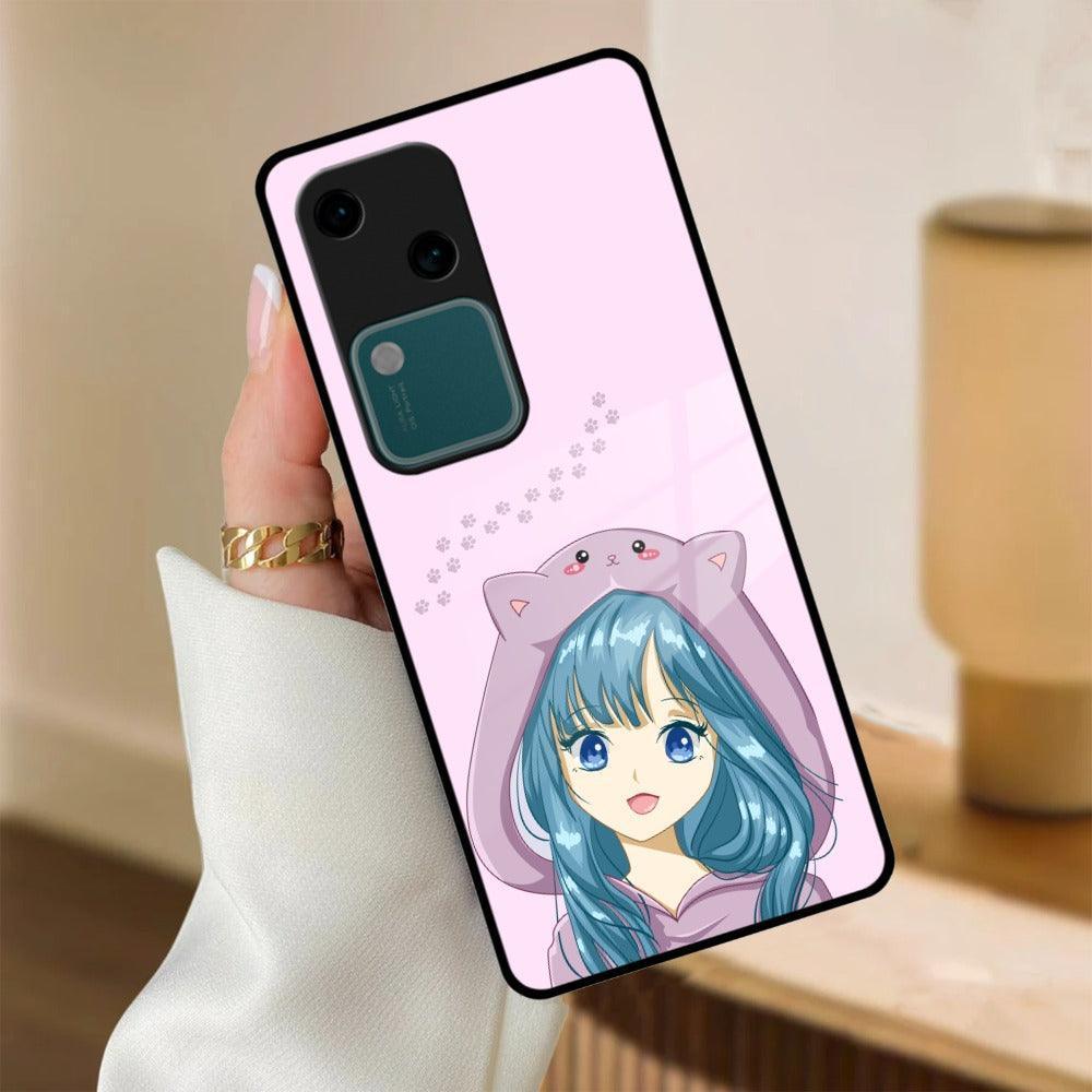 Purple Aesthetic Girl With Cat Phone Glass Case Cover For Vivo - ShopOnCliQ