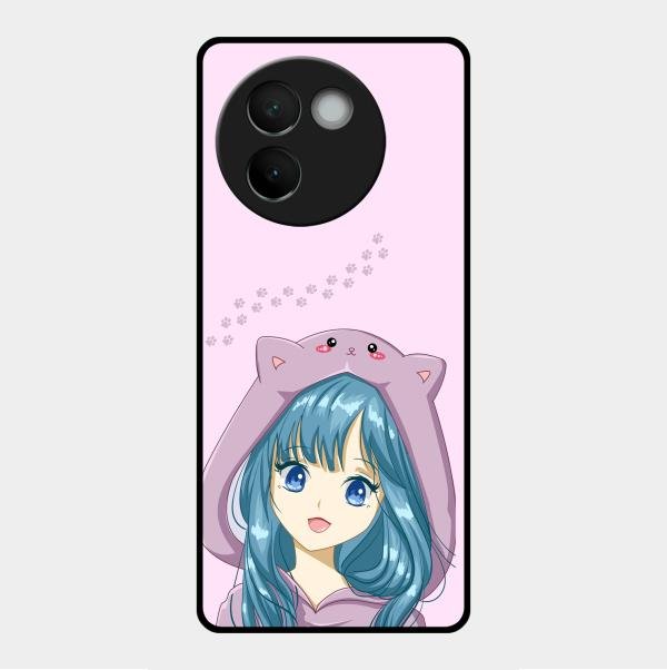 Purple Aesthetic Girl With Cat Phone Glass Case Cover For Vivo V30E 5G