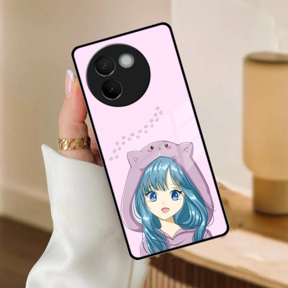 Purple Aesthetic Girl With Cat Phone Glass Case Cover For Vivo - ShopOnCliQ