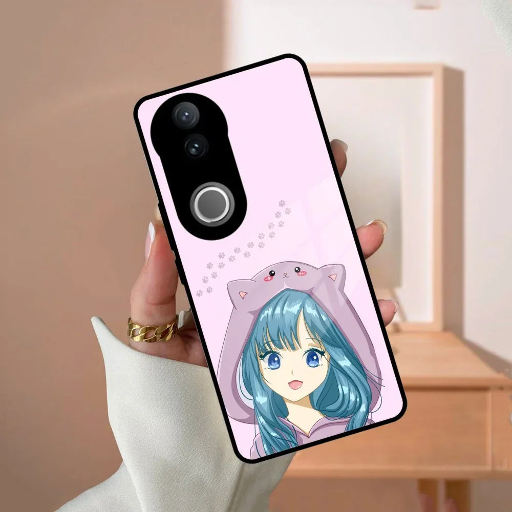 Purple Aesthetic Girl With Cat Phone Glass Case Cover For Vivo - ShopOnCliQ