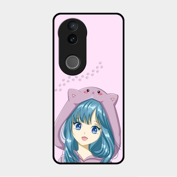 Purple Aesthetic Girl With Cat Phone Glass Case Cover For Vivo V50E 5G