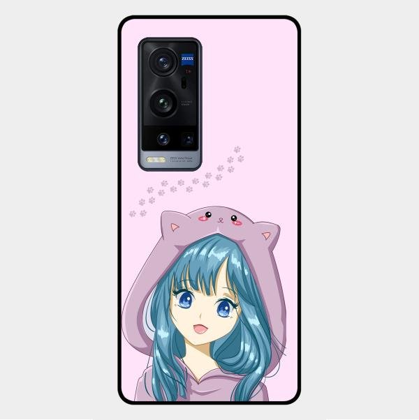 Purple Aesthetic Girl With Cat Phone Glass Case Cover For Vivo X60 Pro Plus 5G