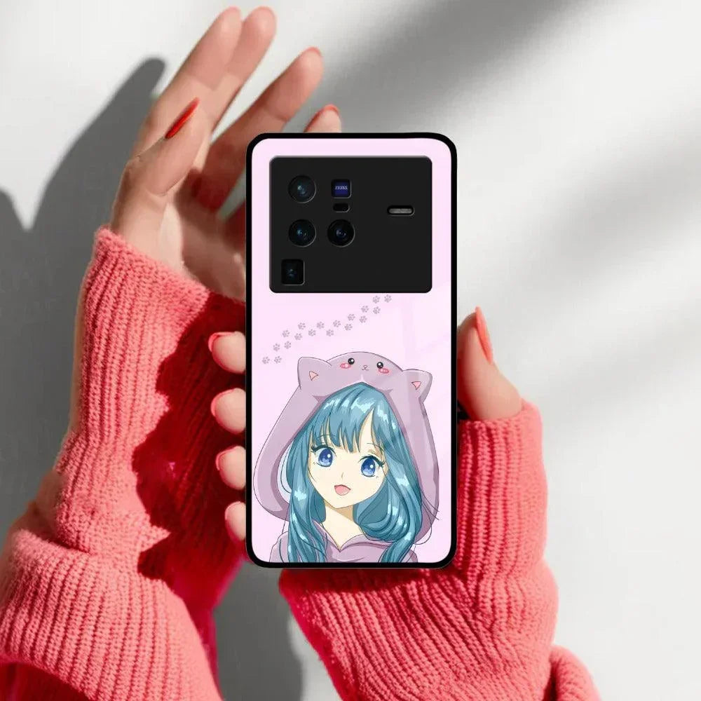 Purple Aesthetic Girl With Cat Phone Glass Case Cover For Vivo - ShopOnCliQ