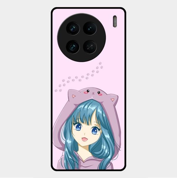 Purple Aesthetic Girl With Cat Phone Glass Case Cover For Vivo X90 Pro 5G