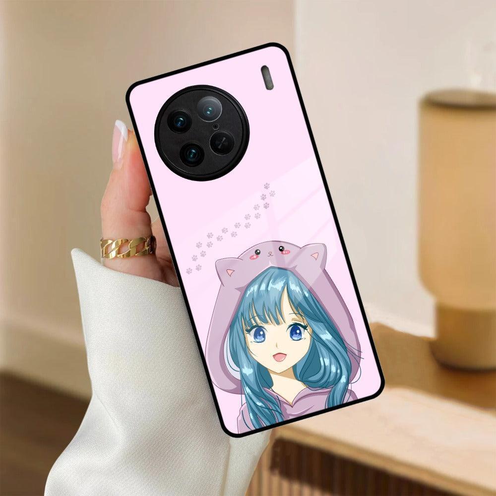 Purple Aesthetic Girl With Cat Phone Glass Case Cover For Vivo - ShopOnCliQ