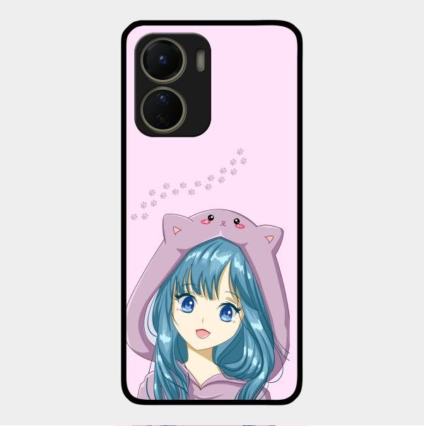 Purple Aesthetic Girl With Cat Phone Glass Case Cover For Vivo Y16