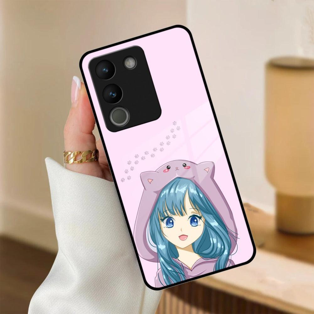 Purple Aesthetic Girl With Cat Phone Glass Case Cover For Vivo - ShopOnCliQ