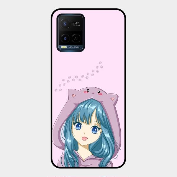 Purple Aesthetic Girl With Cat Phone Glass Case Cover For Vivo Y21T