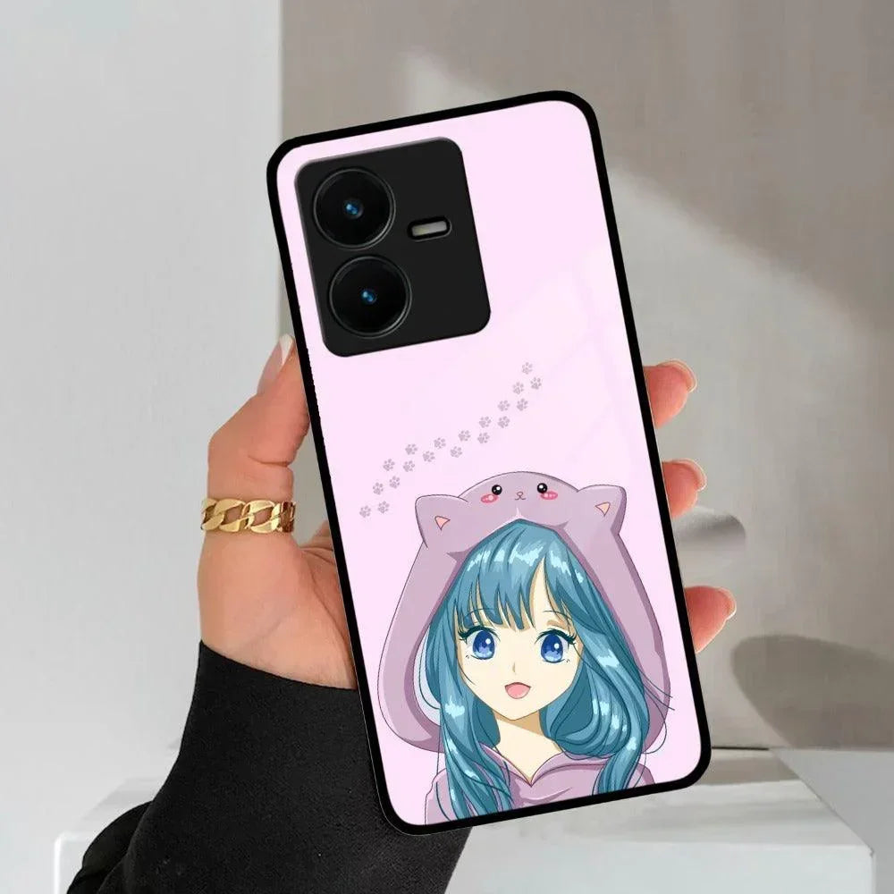Purple Aesthetic Girl With Cat Phone Glass Case Cover For Vivo - ShopOnCliQ