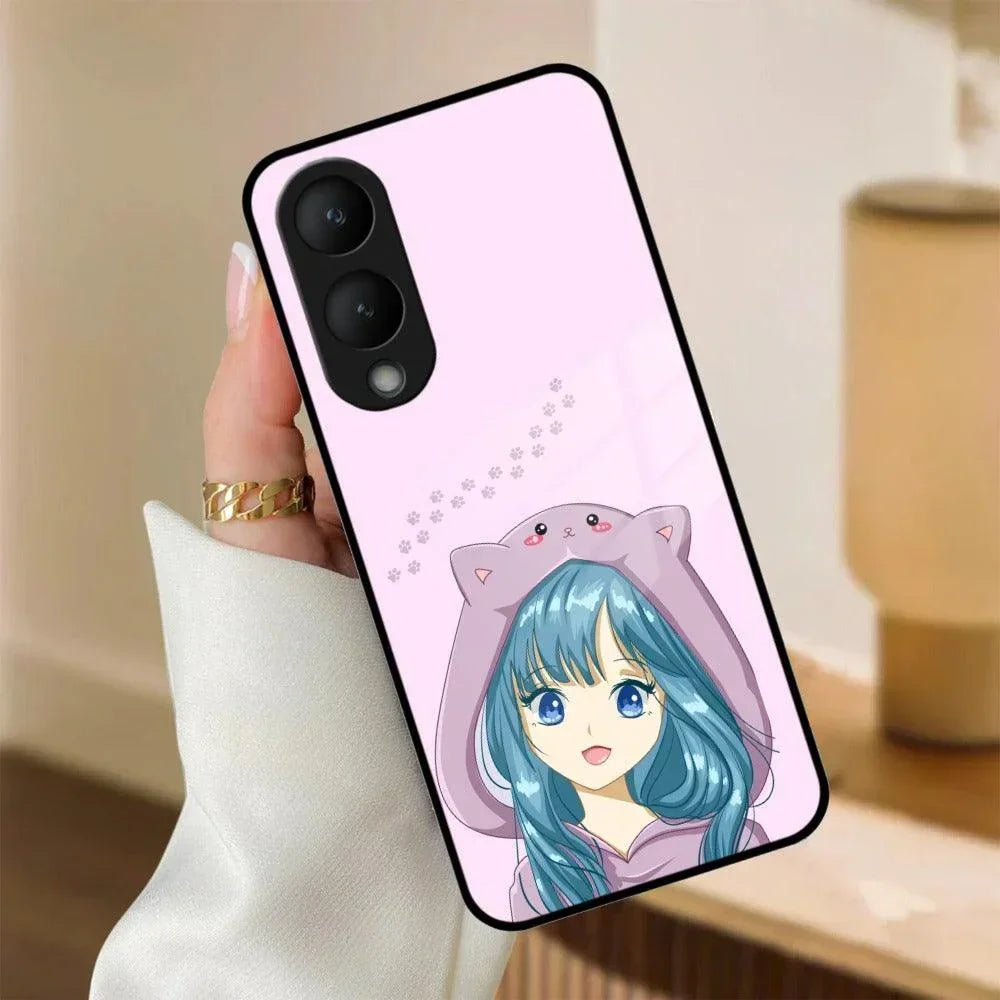 Purple Aesthetic Girl With Cat Phone Glass Case Cover For Vivo - ShopOnCliQ