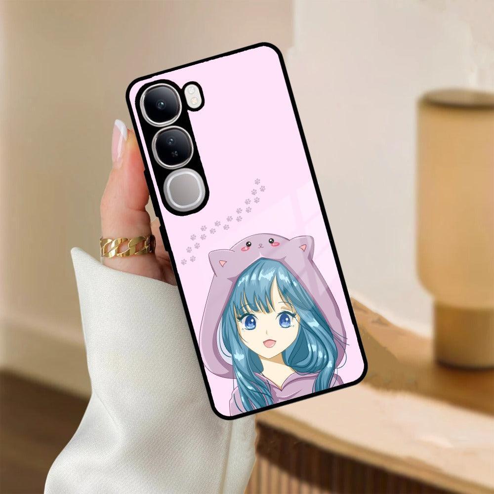 Purple Aesthetic Girl With Cat Phone Glass Case Cover For Vivo - ShopOnCliQ