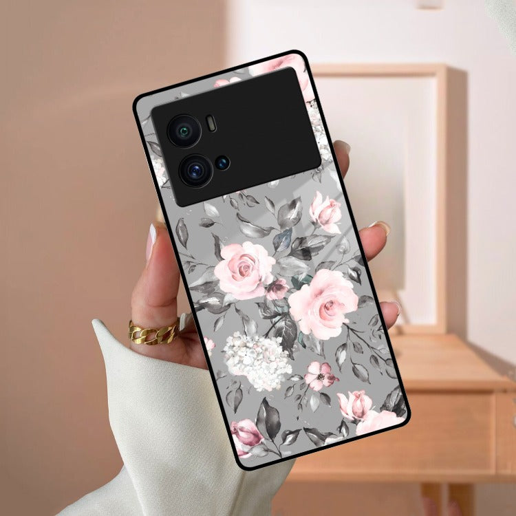 Retro Floral Glossy Glass Case Cover V2 For iQOO