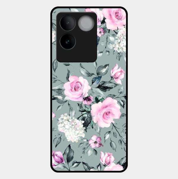 Retro Floral Glossy Glass Case Cover V2 For Vivo T2 Pro 5G
