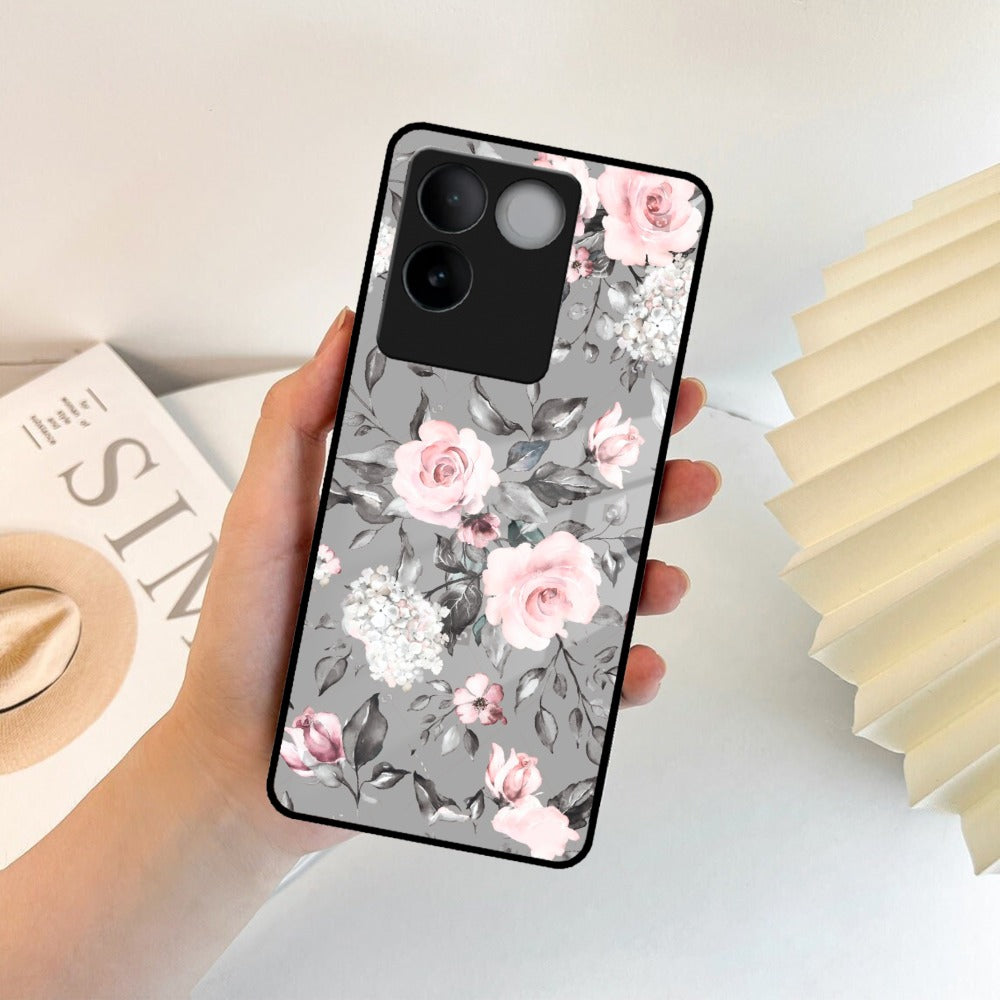 Retro Floral Glossy Glass Case Cover V2 For iQOO