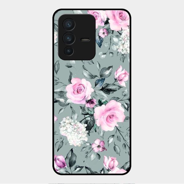 Retro Floral Glossy Glass Case Cover V2 For Vivo V23 5G