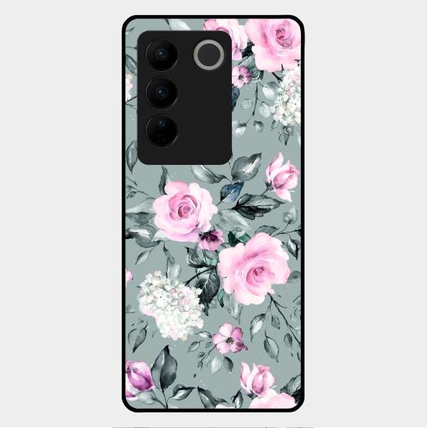 Retro Floral Glossy Glass Case Cover V2 For Vivo V27 Pro 5G