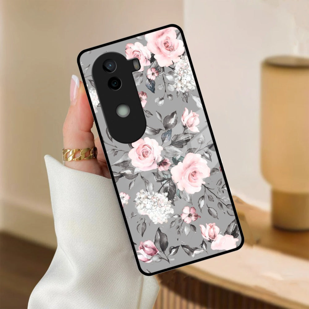 Retro Floral Glossy Glass Case Cover V2 For iQOO