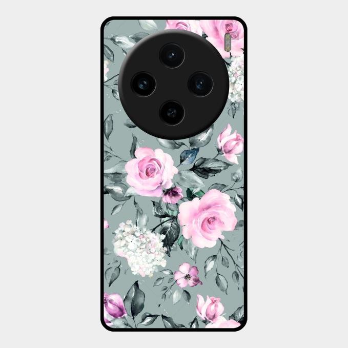 Retro Floral Glossy Glass Case Cover V2 For Vivo X100 5G