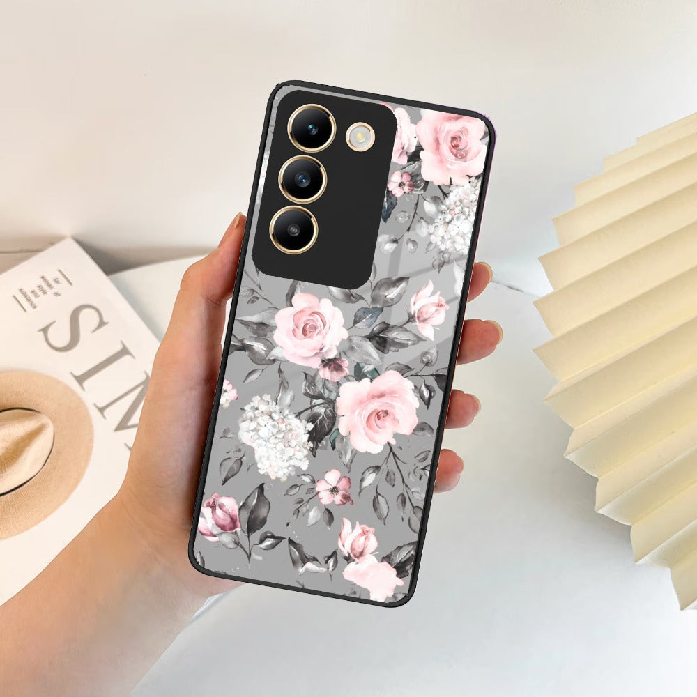 Retro Floral Glossy Glass Case Cover V2 For iQOO