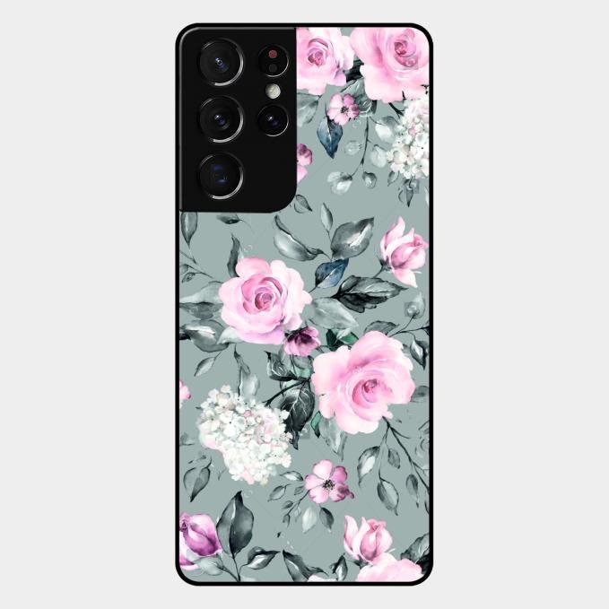 Retro Floral Glossy Metal Case Cover V2 For Samsung Galaxy S21 Ultra