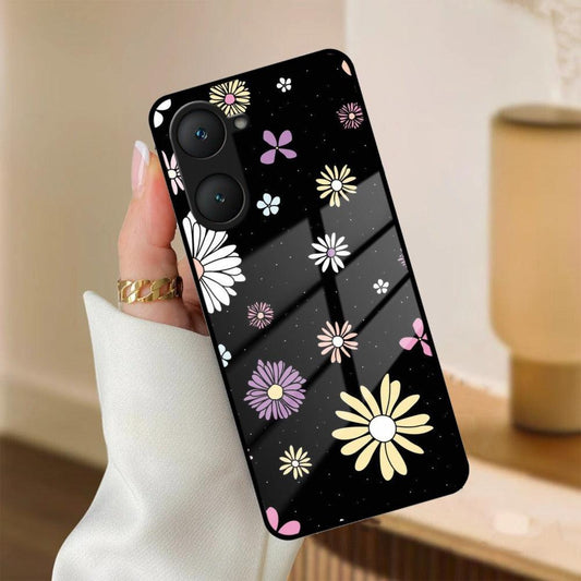 Seamless Floral Print Glass Case Cover For iQOO