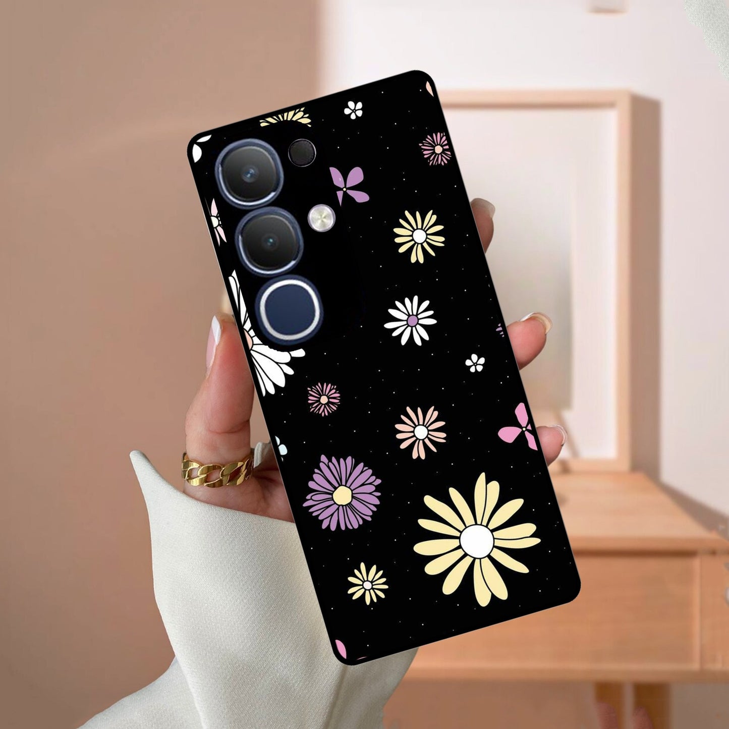 Seamless Floral Print Glass Case Cover For Vivo