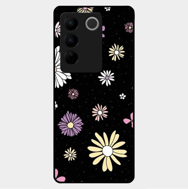 Seamless Floral Print Glass Case Cover For Vivo V27 5G