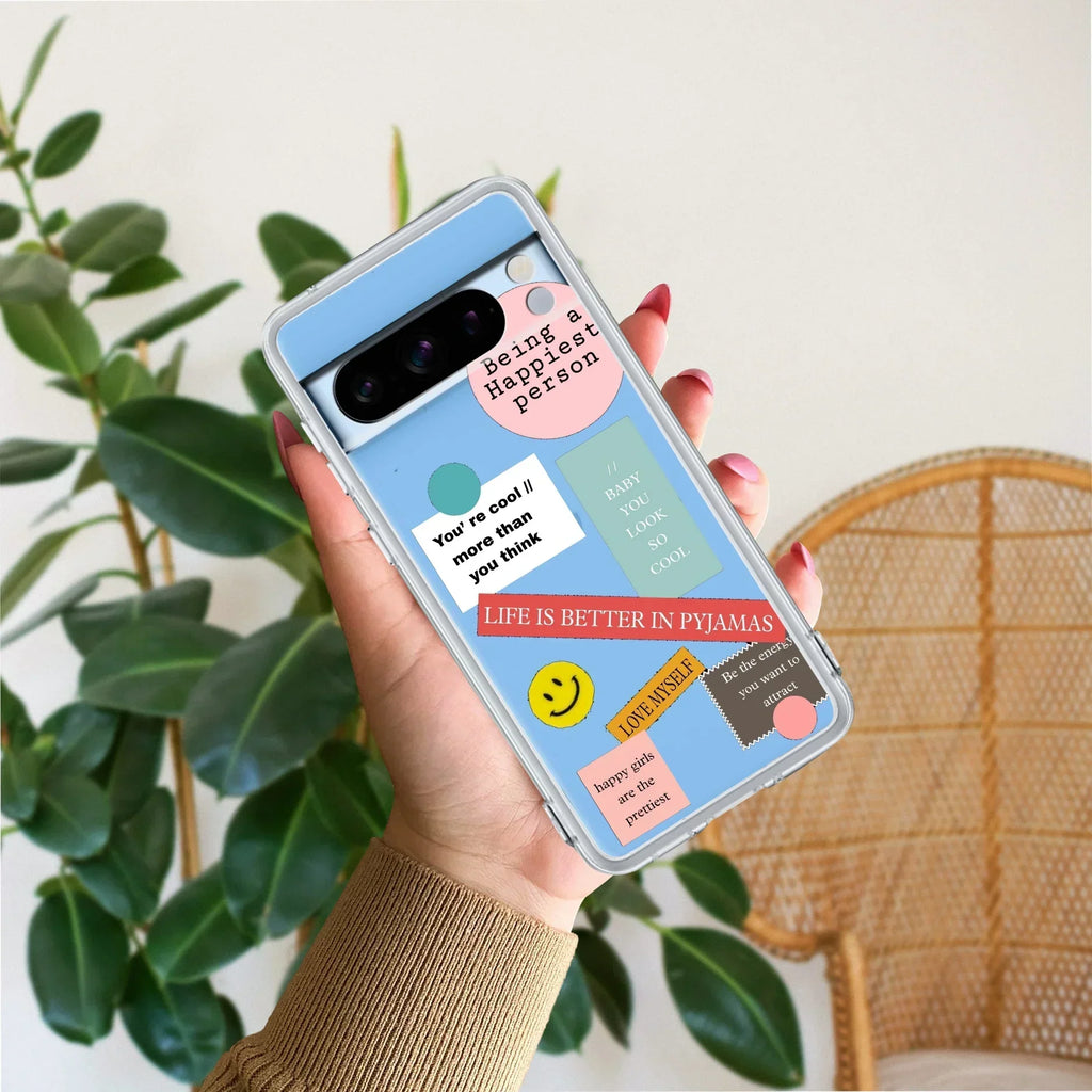 Stickers Happiest Person Transparent Silicon Case Peach For Google Pixel 8 Pro 5G
