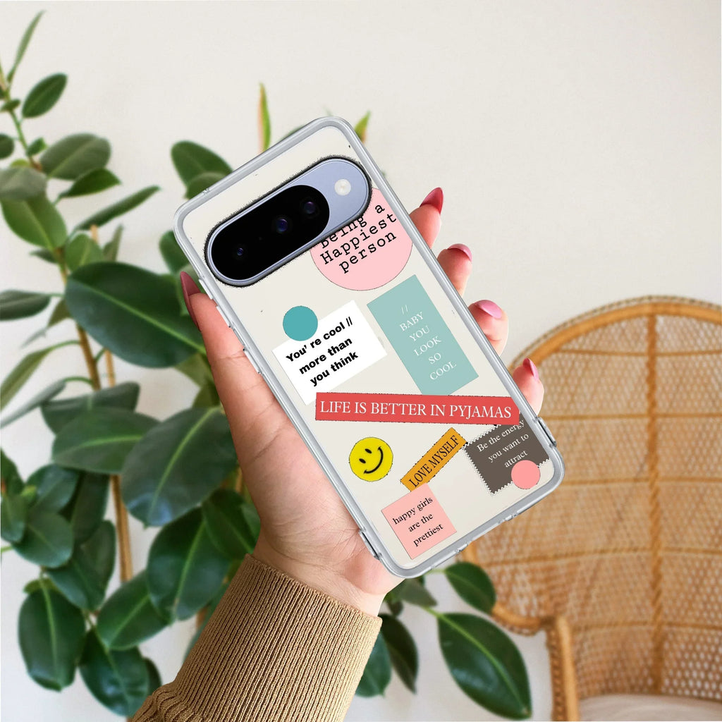 Stickers Happiest Person Transparent Silicon Case Peach For Google Pixel 10