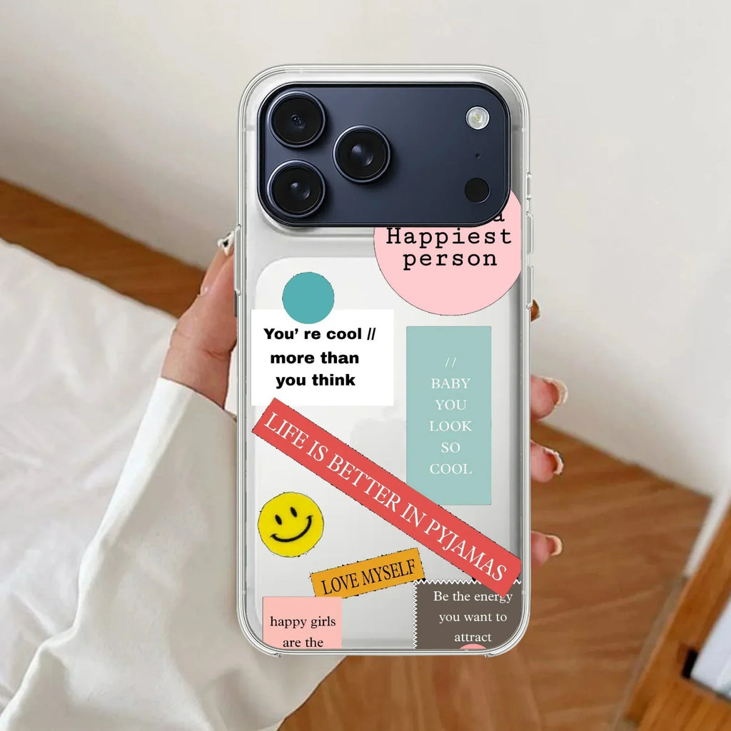 Stickers Happiest Person Transparent Silicon Case Peach For iPhone 12 Pro