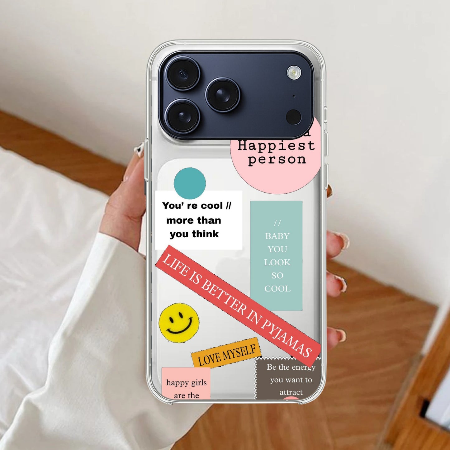 Stickers Happiest Person Transparent Silicon Case Peach For iPhone