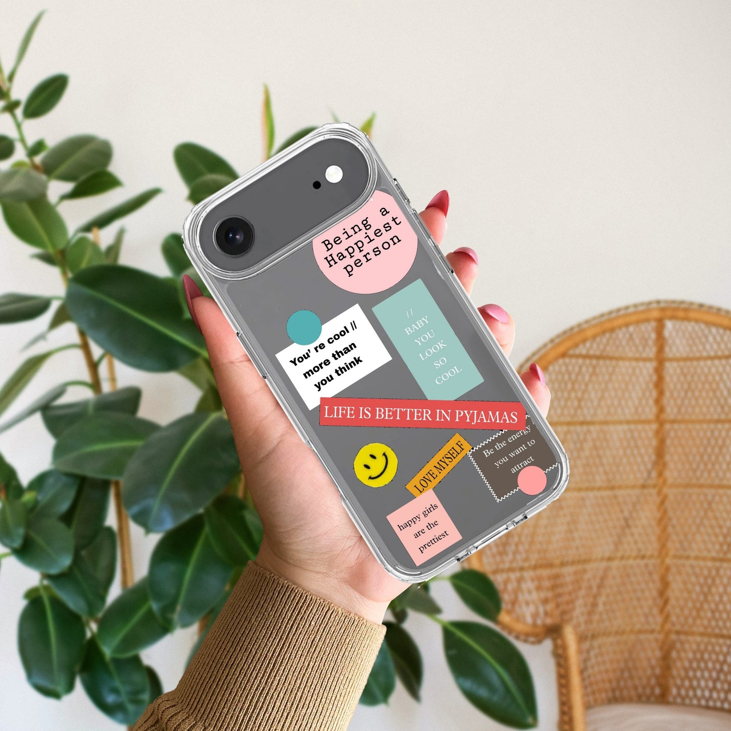 Stickers Happiest Person Transparent Silicon Case Peach For iPhone