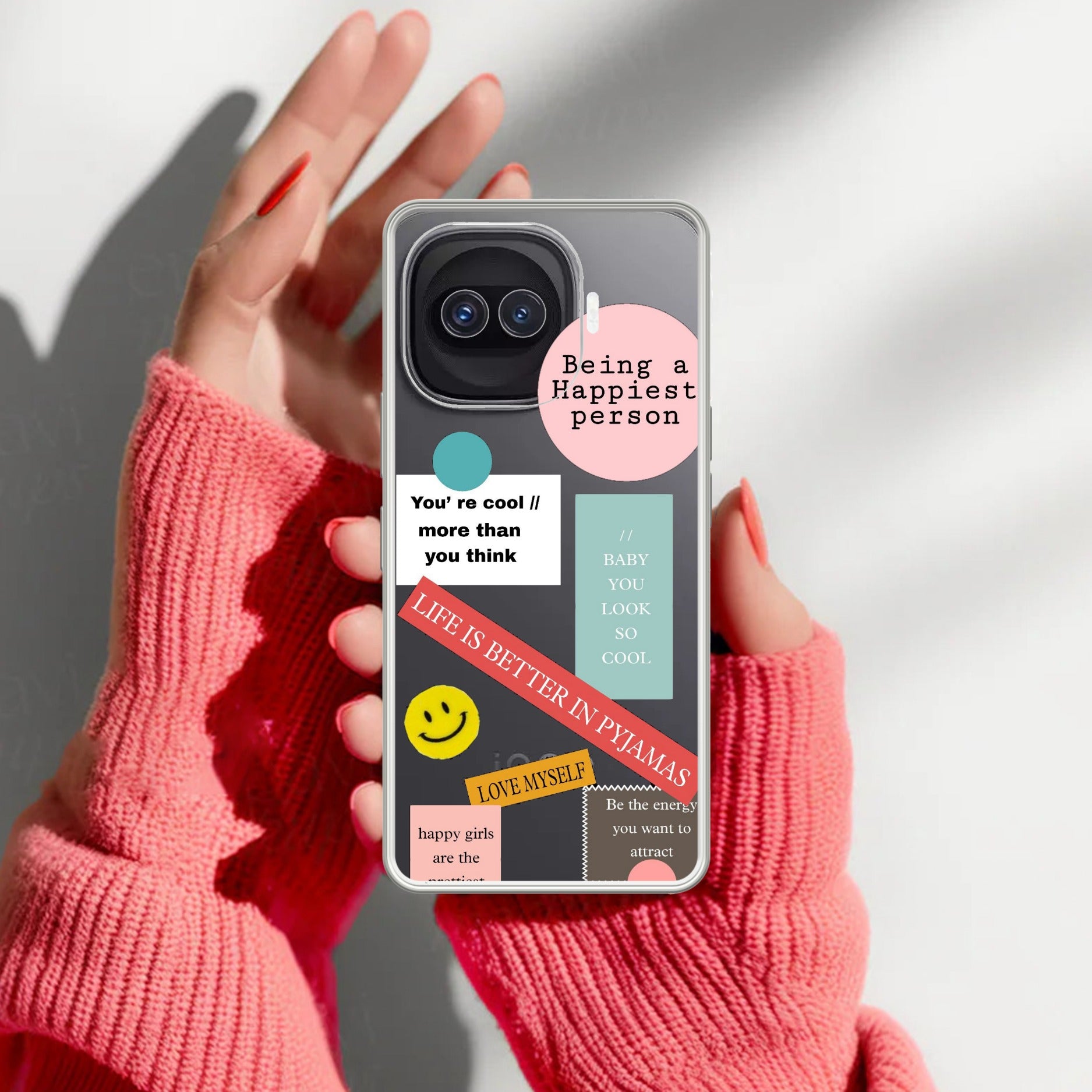 Stickers Happiest Person Transparent Silicon Case Peach For iQOO