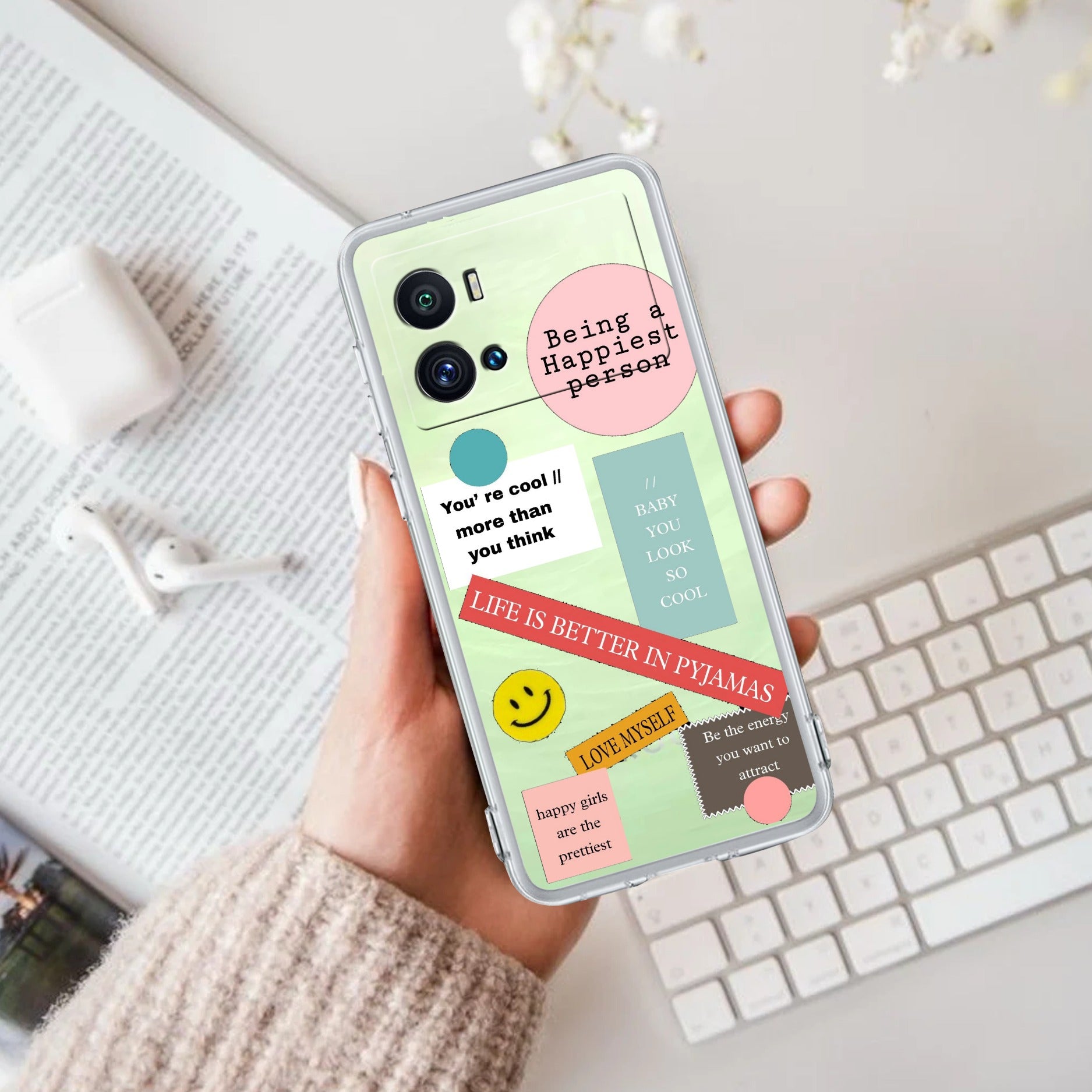 Stickers Happiest Person Transparent Silicon Case Peach For iQOO Neo 7 Pro 5G
