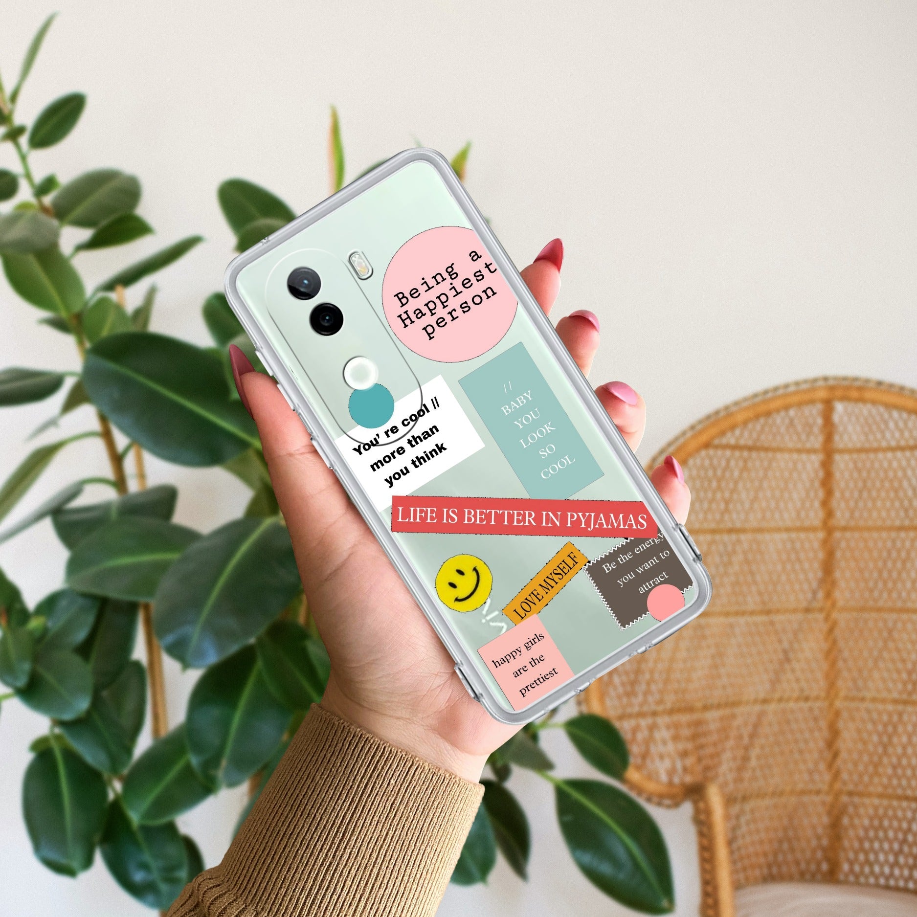Stickers Happiest Person Transparent Silicon Case Peach For Vivo V40e 5G