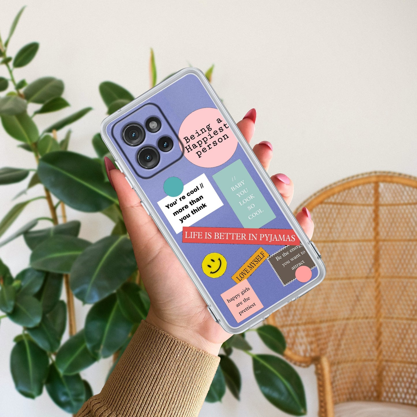 Stickers Happiest Person Transparent Silicon Case Peach For Motorola