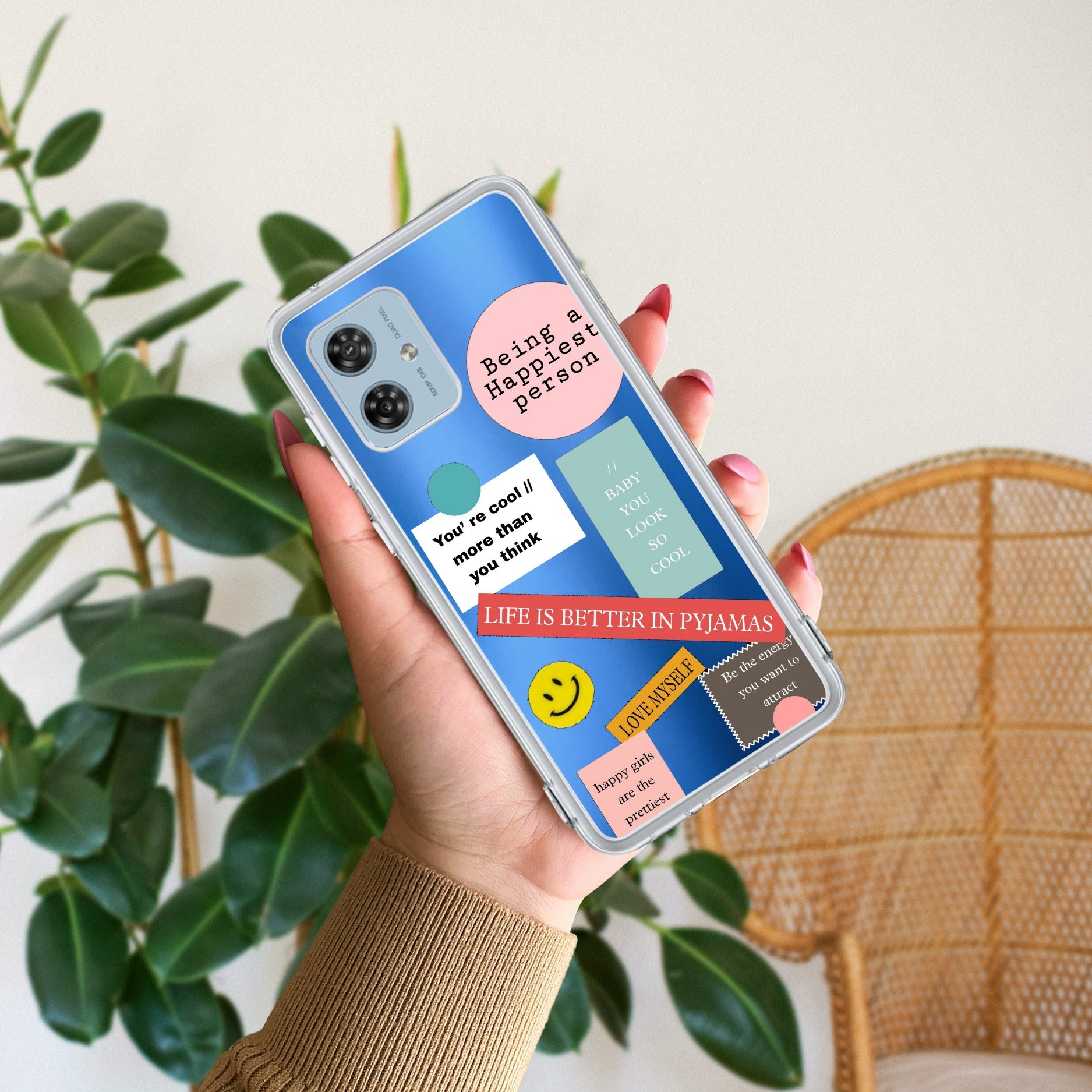 Stickers Happiest Person Anti Yellow Case Peach For Motorola G54 5G