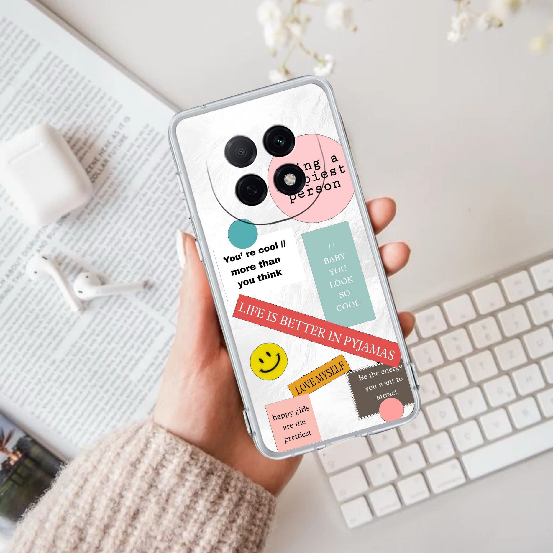 Stickers Happiest Person Transparent Silicon Case Peach For Oppo F29 Pro 5G