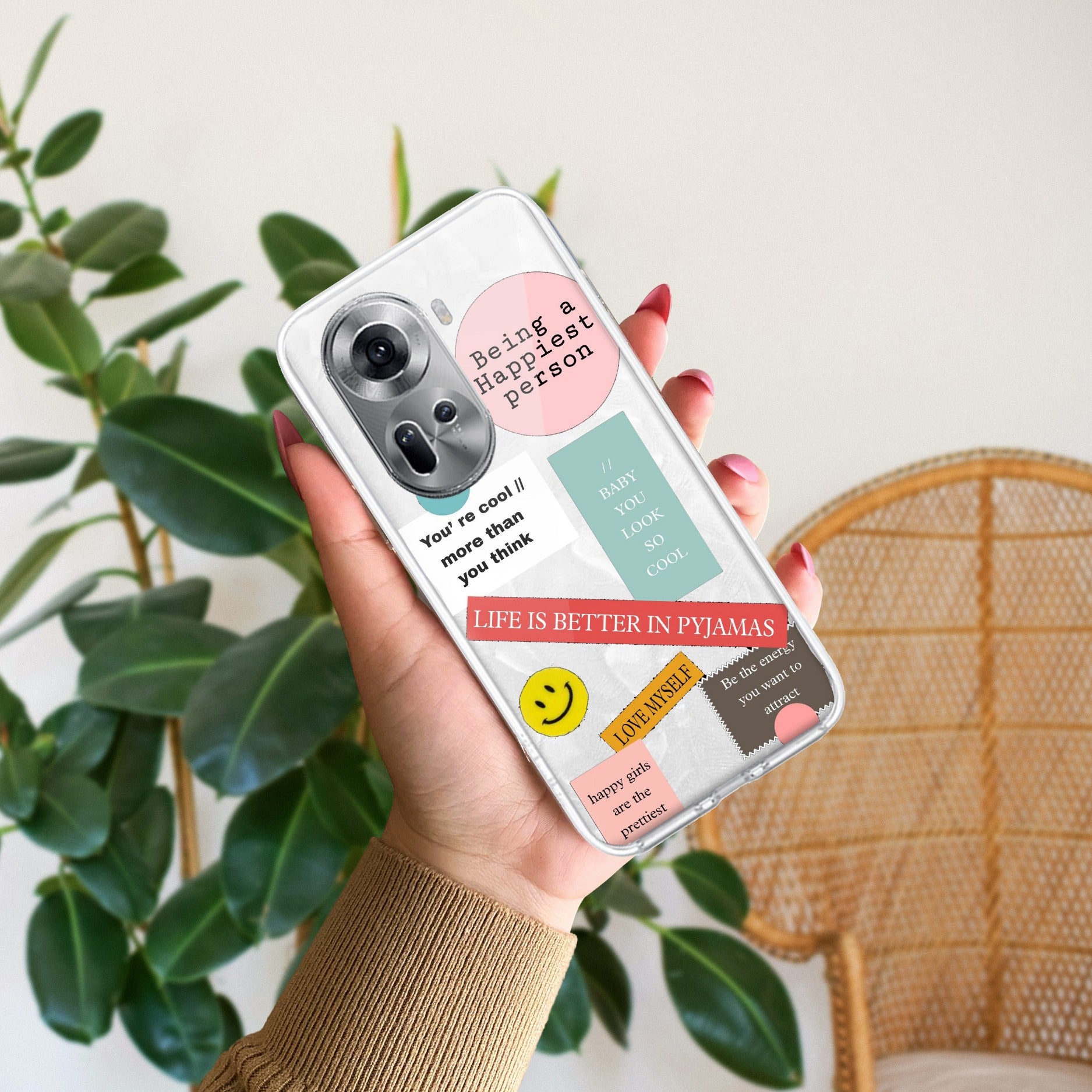 Stickers Happiest Person Transparent Silicon Case Peach For Oppo Reno 11 5G