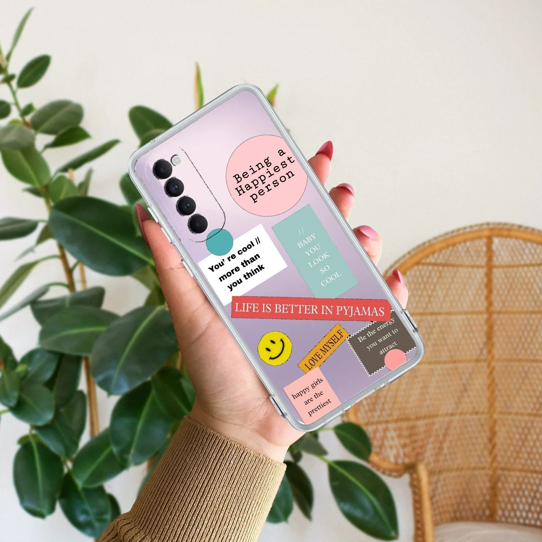 Stickers Happiest Person Anti Yellow Case Peach For Oppo Reno 4 Pro