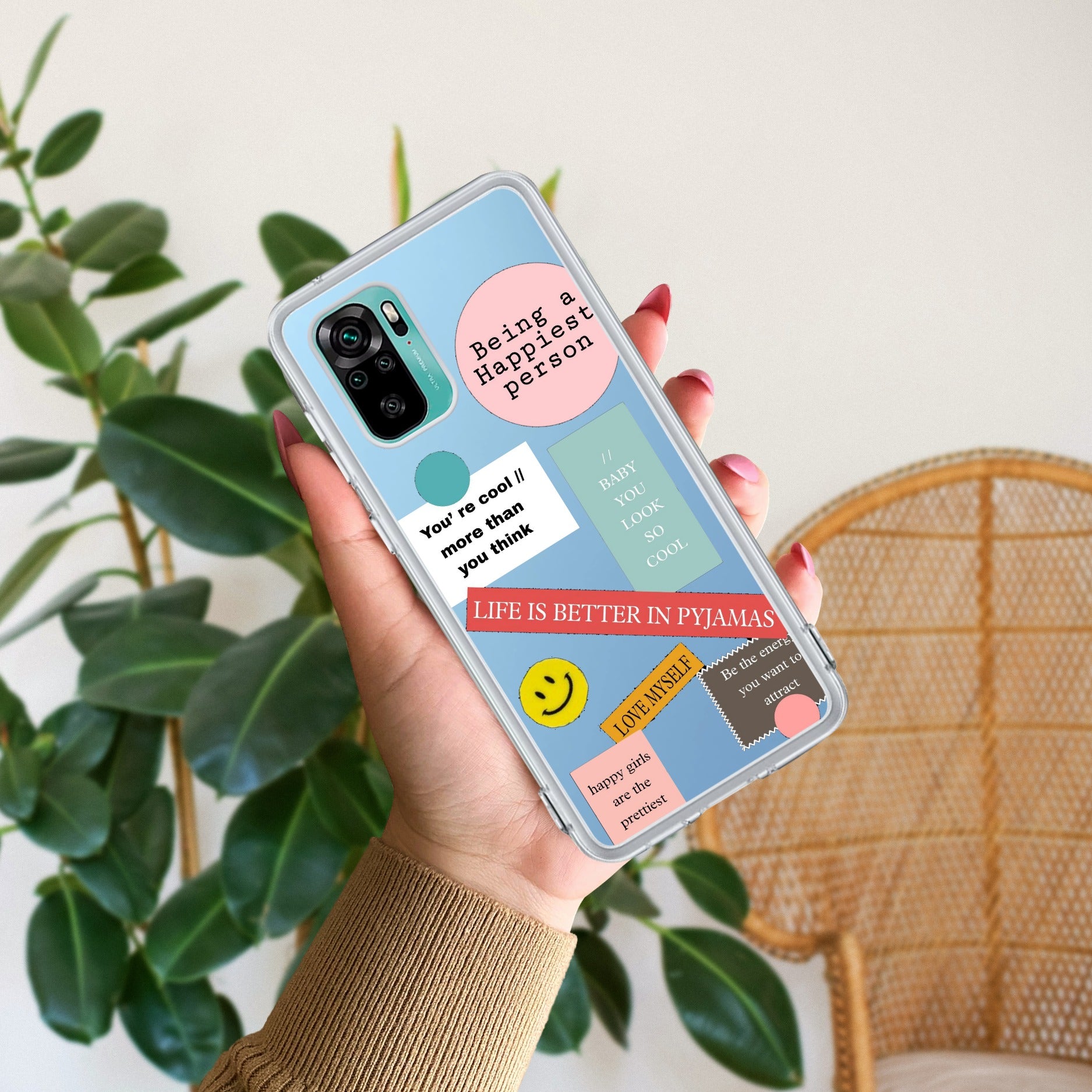 Stickers Happiest Person Transparent Silicon Case Peach For Redmi Note 10 / 10S