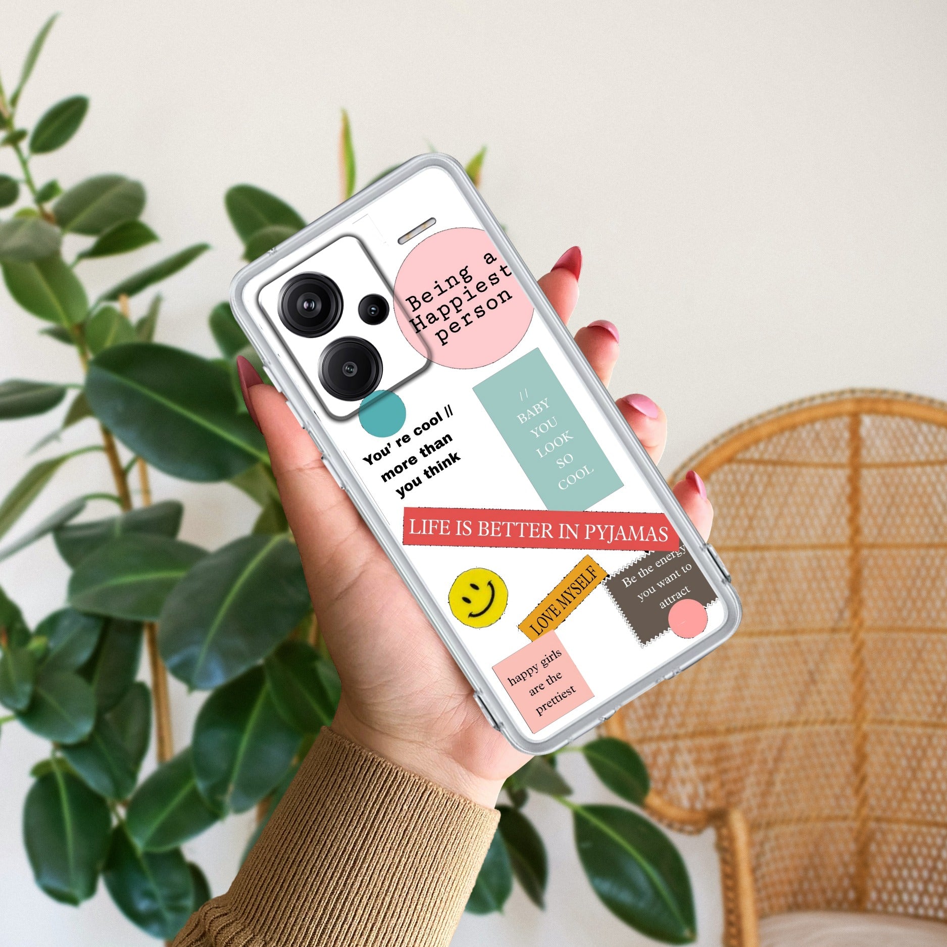 Stickers Happiest Person Transparent Silicon Case Peach For Redmi Note 13 Pro Plus 5G