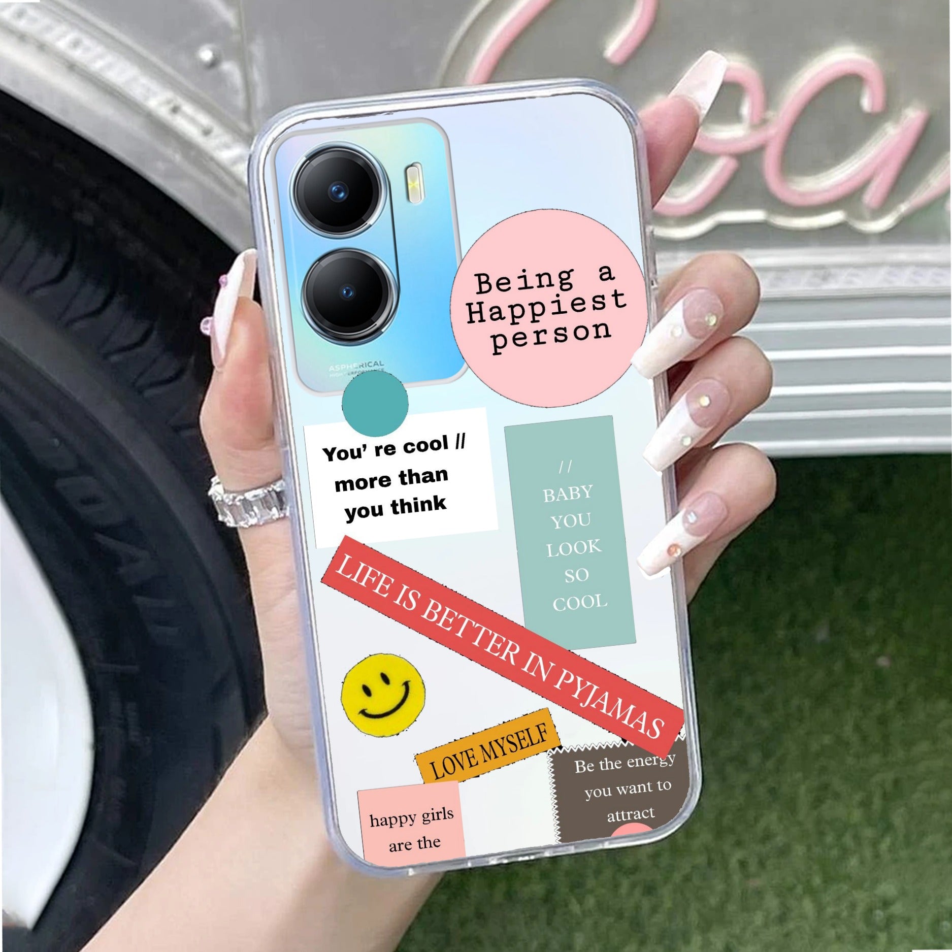Stickers Happiest Person Transparent Silicon Case Peach For Vivo X90 Pro Plus 5G