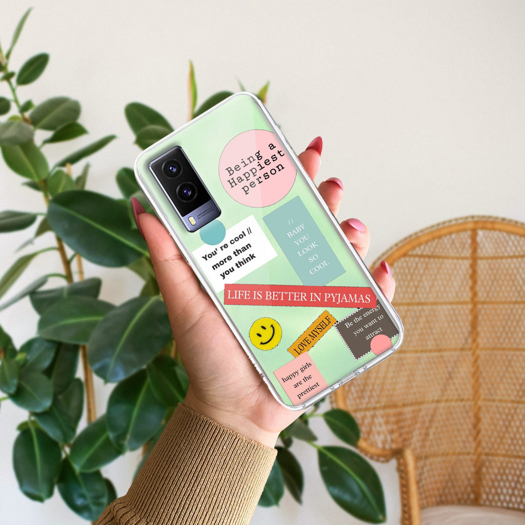 Stickers Happiest Person Transparent Silicon Case Peach For Vivo V21e 5G