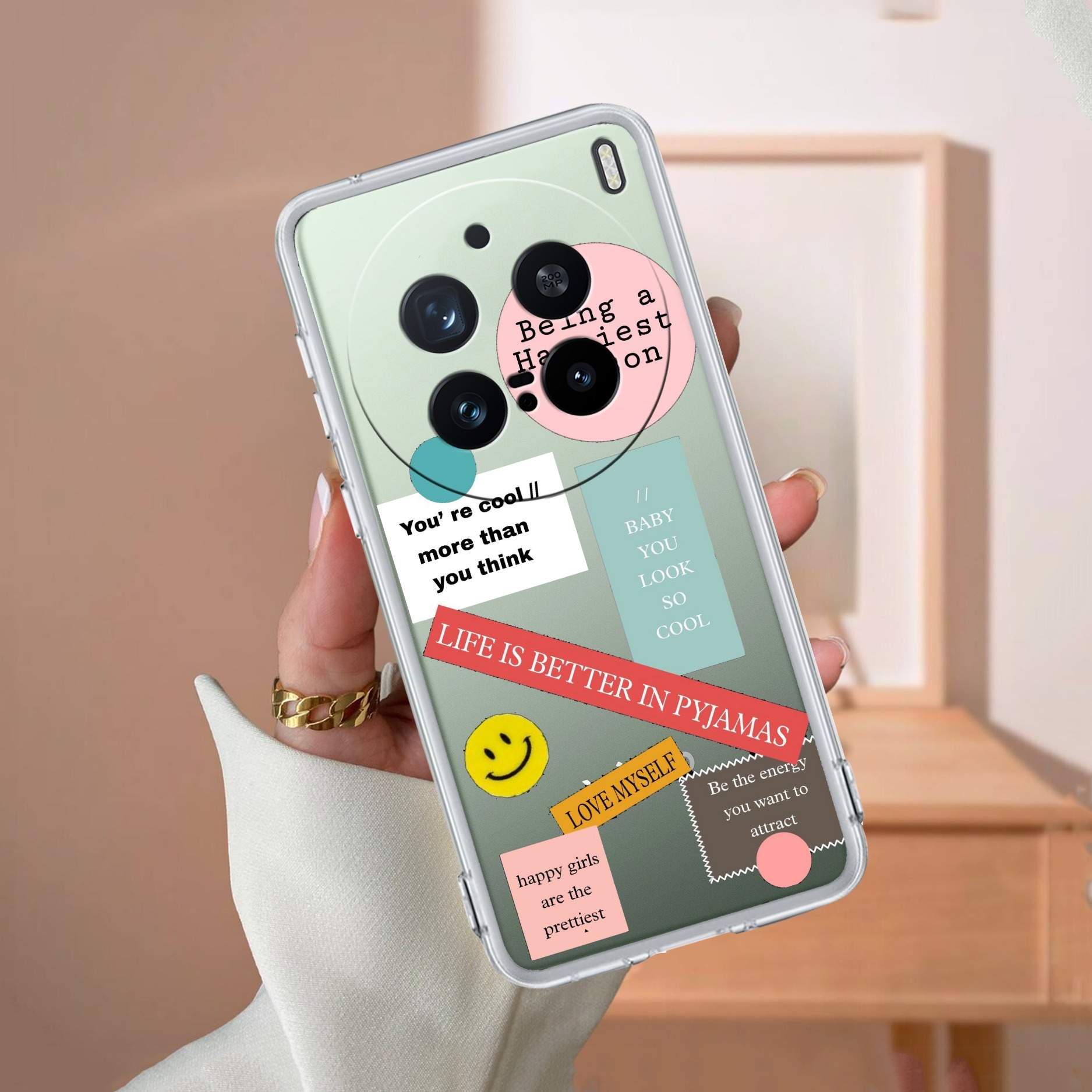 Stickers Happiest Person Transparent Silicon Case Peach For Vivo V25 Pro 5G