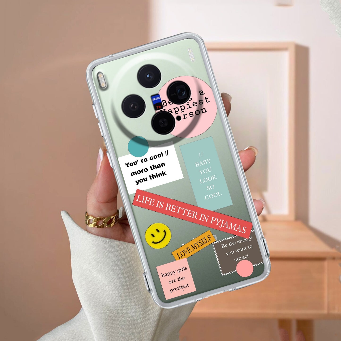 Stickers Happiest Person Transparent Silicon Case Peach For Vivo