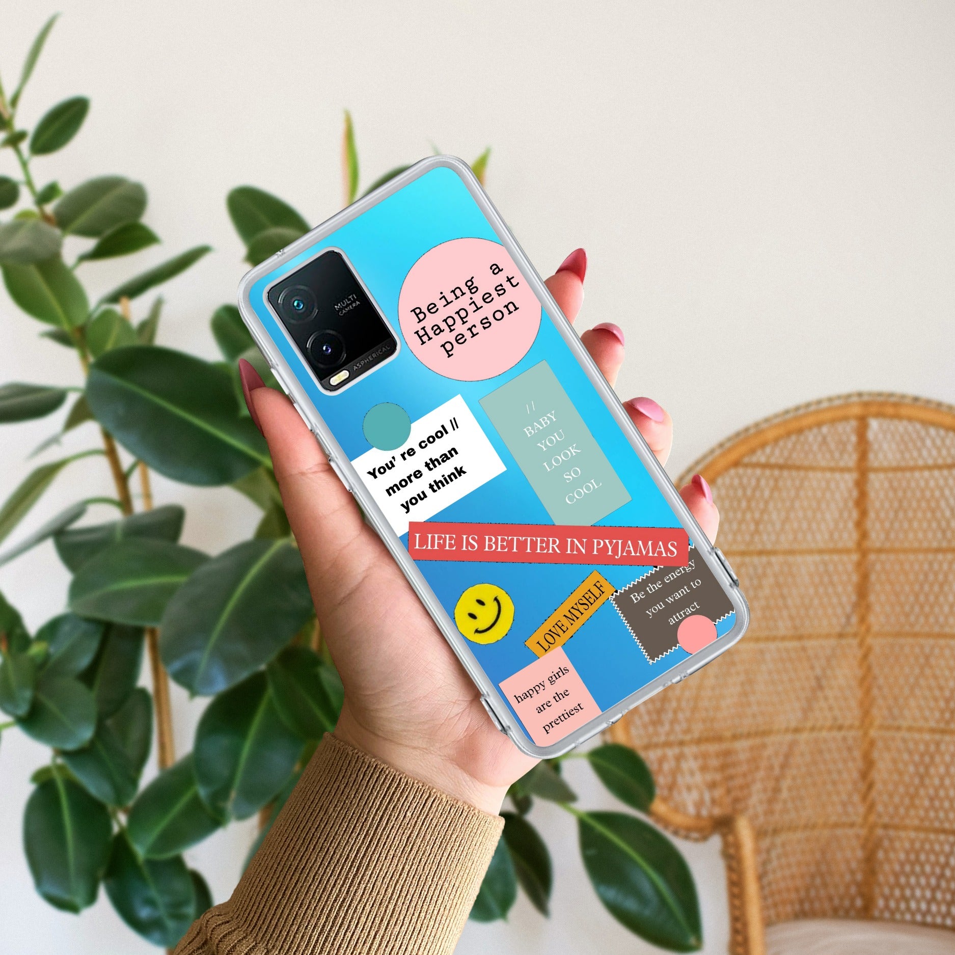 Stickers Happiest Person Transparent Silicon Case Peach For Vivo V30 5G